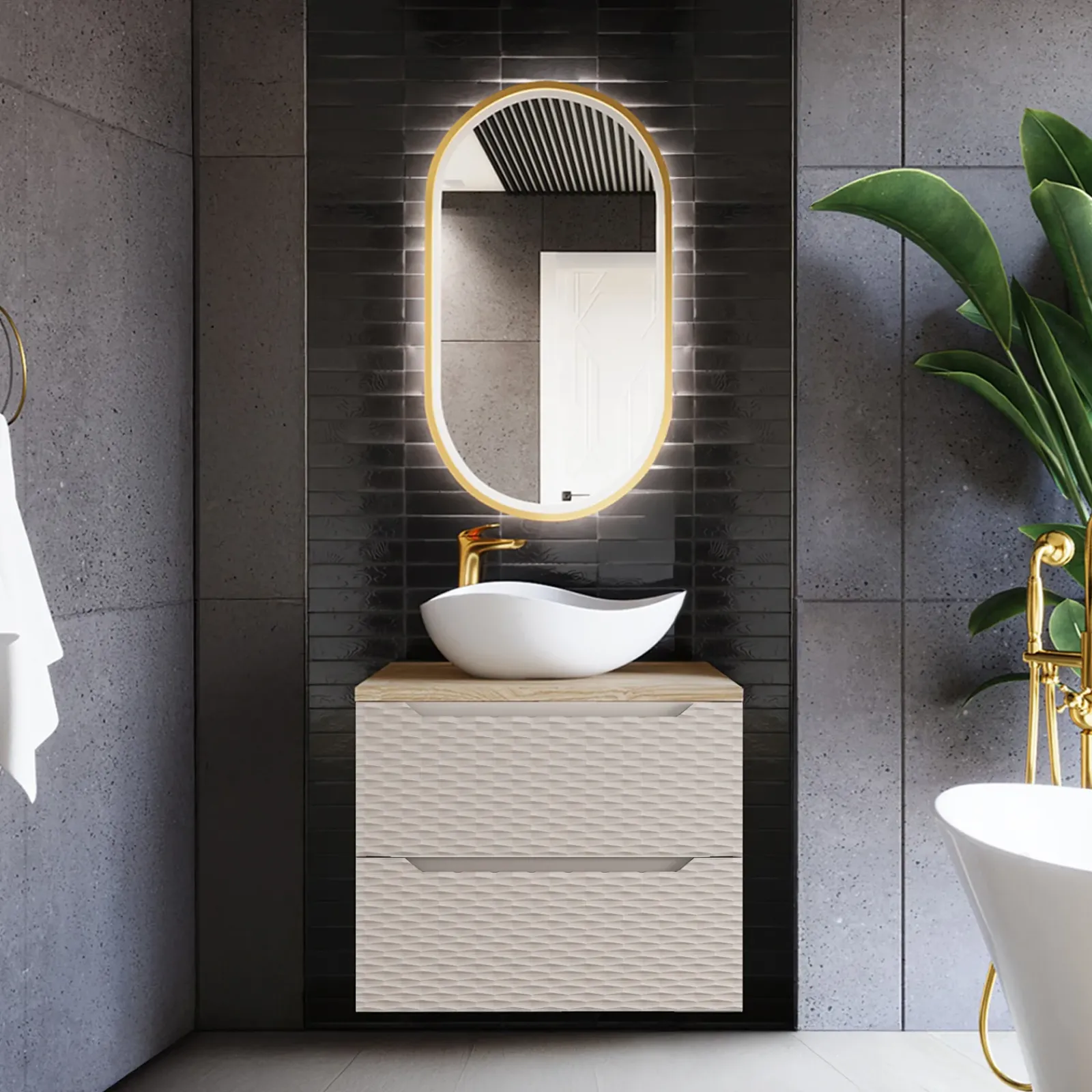 Garnero Arredamenti Mobile Bagno Sospeso-Mobile bagno sospeso 60cm 2 cassetti beige rovere Swim Beige - Rovere