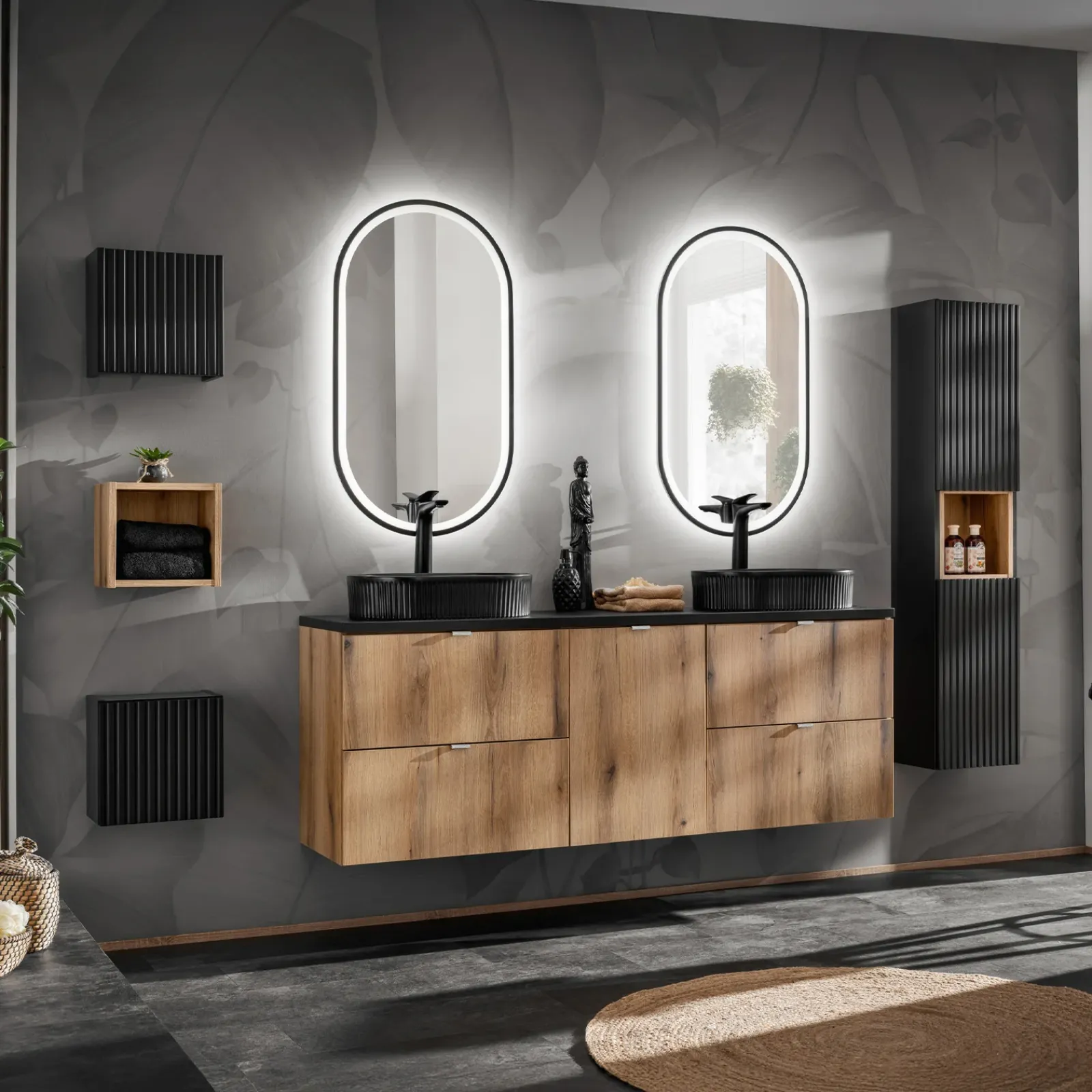 Garnero Arredamenti Mobile Bagno Sospeso-Mobile bagno sospeso 140cm 4 cassetti e portabiancheria rovere nero Rovery Rovere - Nero