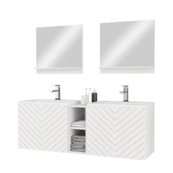 Garnero Arredamenti Mobile Bagno Sospeso-Mobile bagno sospeso 143cm con doppio lavabo e specchio serigrafato bianco Baden 6 Bianco Lucido