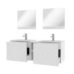 Garnero Arredamenti Mobile Bagno Sospeso-Mobile bagno sospeso 143cm con doppio lavabo e specchio serigrafato bianco Baden 6 Bianco Lucido