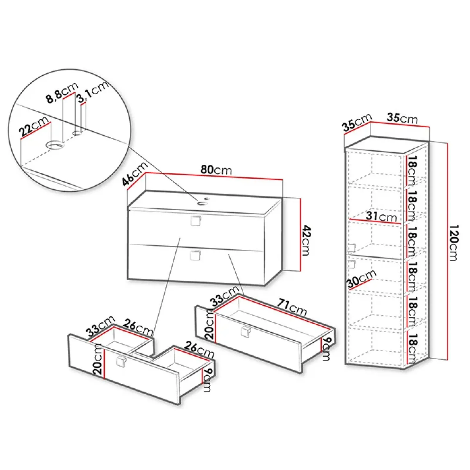Garnero Arredamenti Mobile Bagno Sospeso-Mobile bagno sospeso 80cm con colonna 2 cassetti grigio Bursa 2 Grigio - Oro