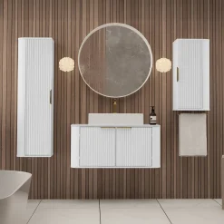 Garnero Arredamenti Mobile Bagno Sospeso-Mobile bagno sospeso 90cm con lavabo, colonna e pensile cannettato bianco Lusso