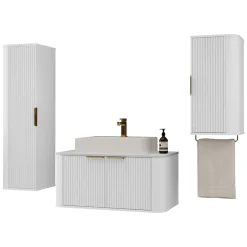 Garnero Arredamenti Mobile Bagno Sospeso-Mobile bagno sospeso 90cm con lavabo, colonna e pensile cannettato bianco Lusso