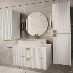 Garnero Arredamenti Mobile Bagno Sospeso-Mobile bagno sospeso 80cm con colonna e pensile maniglie oro bianco Bursa Bianco Lucido - Oro