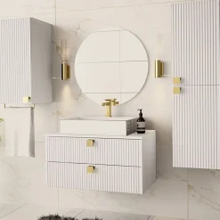 Garnero Arredamenti Mobile Bagno Sospeso-Mobile bagno sospeso 80cm con colonna e pensile maniglie oro bianco Bursa Bianco Lucido - Oro
