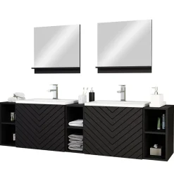 Garnero Arredamenti Mobile Bagno Sospeso-Mobile bagno sospeso 190cm con doppio lavabo e specchi serigrafato nero Baden 4 Nero Opaco