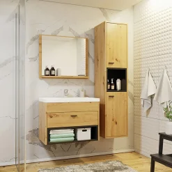 Garnero Arredamenti Mobile Bagno Sospeso-Mobile bagno sospeso 60cm con lavabo, specchio e colonna moderno nero Florentina Rovere