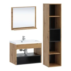 Garnero Arredamenti Mobile Bagno Sospeso-Mobile bagno sospeso 60cm con lavabo, specchio e colonna moderno nero Florentina Rovere