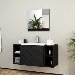 Garnero Arredamenti Mobile Bagno Sospeso-Mobile bagno sospeso 106cm con lavabo e specchio serigrafato nero Baden 9 Nero Lucido