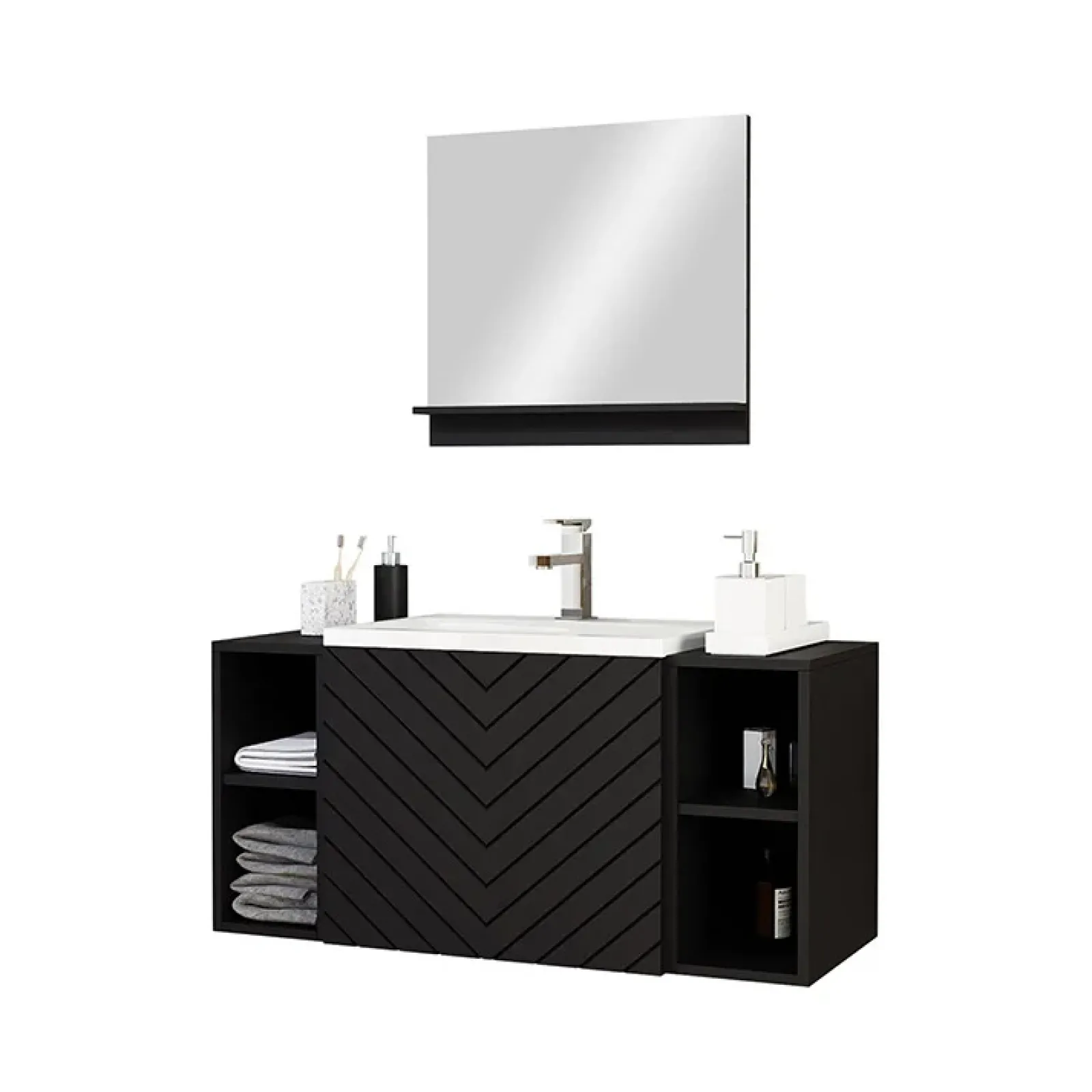 Garnero Arredamenti Mobile Bagno Sospeso-Mobile bagno sospeso 106cm con lavabo e specchio serigrafato nero Baden 9 Nero Lucido