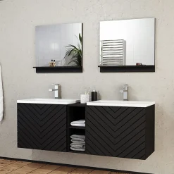 Garnero Arredamenti Mobile Bagno Sospeso-Mobile bagno sospeso 143cm con doppio lavabo e specchio serigrafato nero Baden 6 Nero Lucido