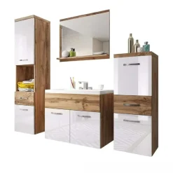 Garnero Arredamenti Mobile Bagno Sospeso-Mobile bagno sospeso 60cm con lavabo, specchio e colonne bianco rovere Loretta Bianco Lucido - Rovere Rustico