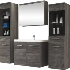 Garnero Arredamenti Mobile Bagno Sospeso-Mobile bagno sospeso 60cm con lavabo, specchio e 2 colonne Luz Rovere Grigio