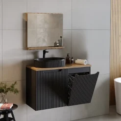 Garnero Arredamenti Mobile Bagno Sospeso-Mobile bagno sospeso 100cm cannettato con portabiancheria nero rovere Cleany