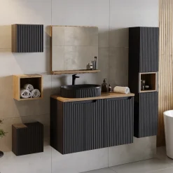 Garnero Arredamenti Mobile Bagno Sospeso-Mobile bagno sospeso 100cm cannettato con portabiancheria nero rovere Cleany
