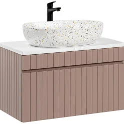 Garnero Arredamenti Mobile Bagno Sospeso-Mobile bagno sospeso 80cm cannettato con lavabo, colonna e specchio rosa Autentic