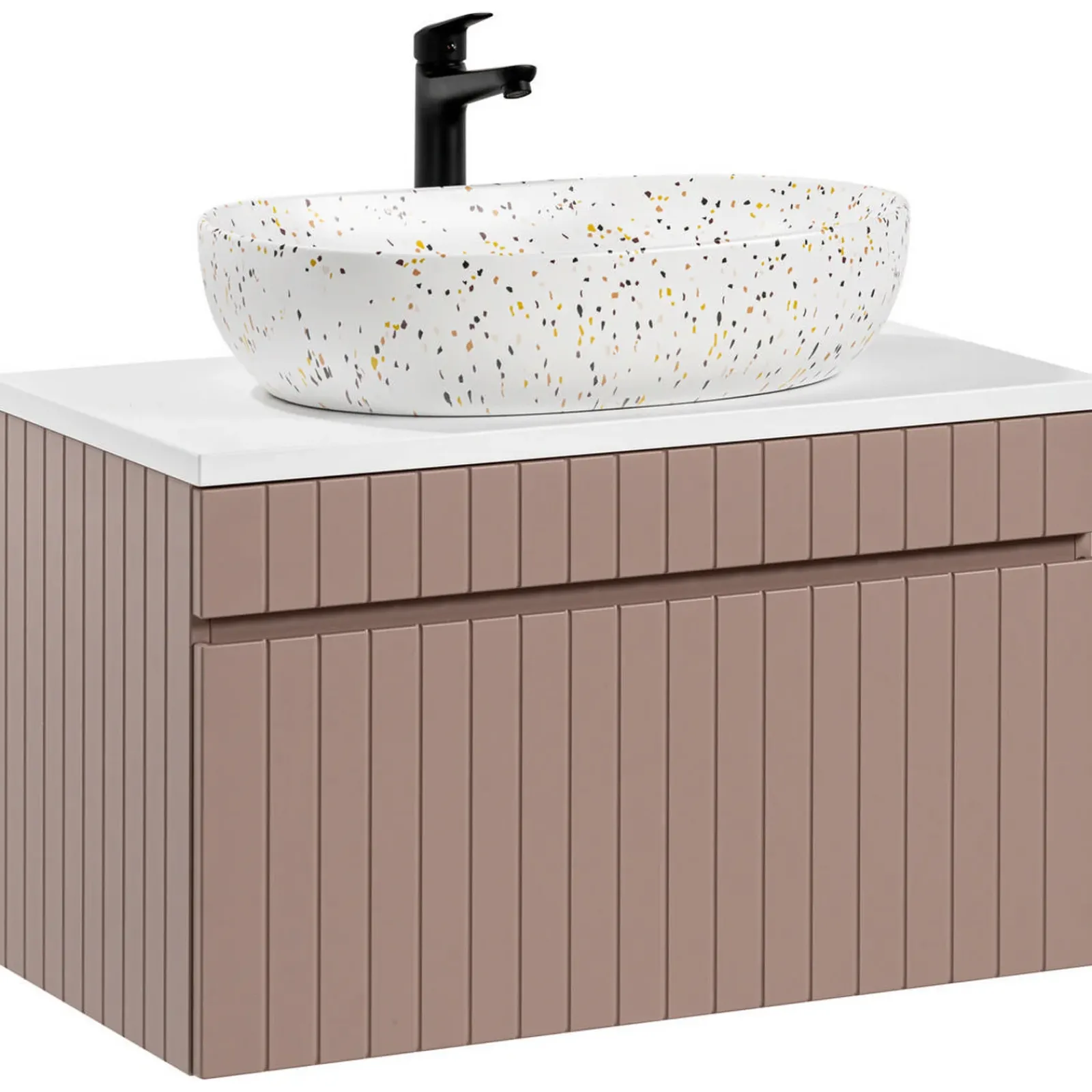 Garnero Arredamenti Mobile Bagno Sospeso-Mobile bagno sospeso 80cm cannettato con lavabo, colonna e specchio rosa Autentic