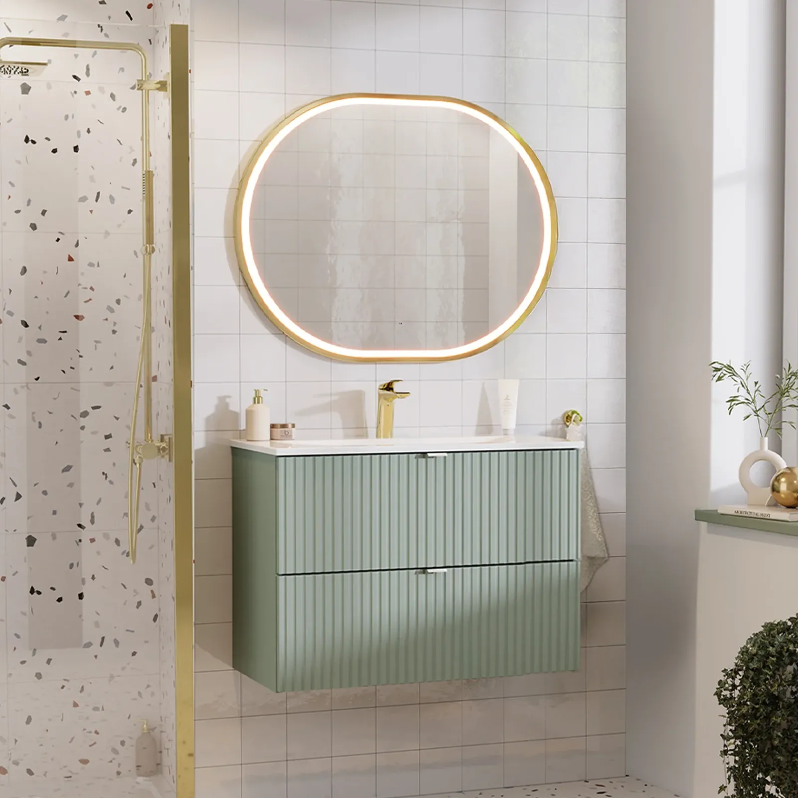 Garnero Arredamenti Mobile Bagno Sospeso-Mobile bagno sospeso 80cm cannettato con lavabo 2 cassetti verde salvia Greeny