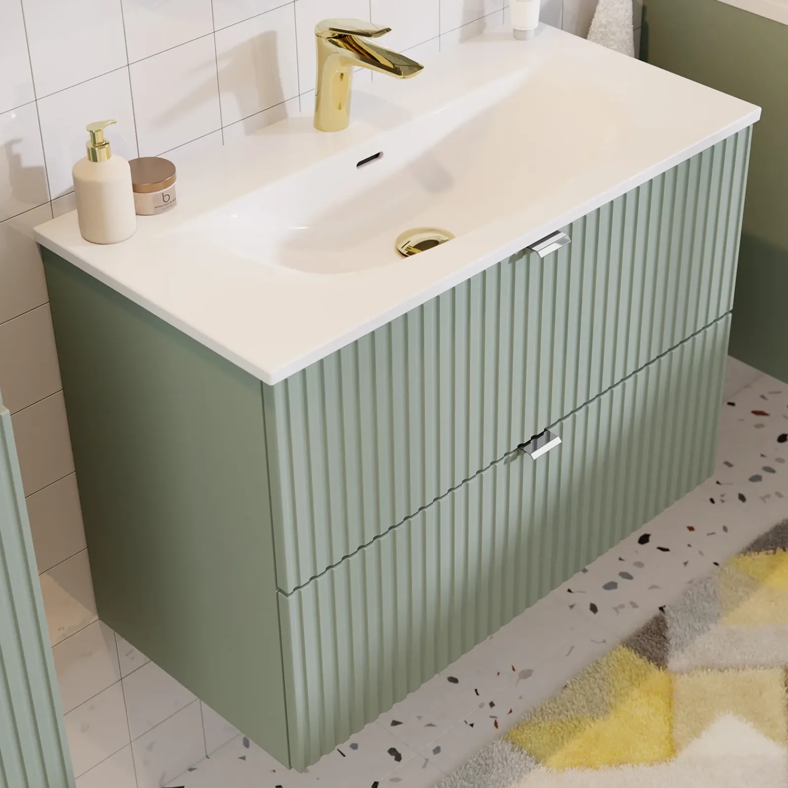 Garnero Arredamenti Mobile Bagno Sospeso-Mobile bagno sospeso 80cm cannettato con lavabo 2 cassetti verde salvia Greeny
