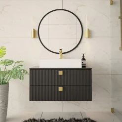 Garnero Arredamenti Mobile Bagno Sospeso-Mobile bagno sospeso 80cm con lavabo 2 cassetti maniglie oro nero Bursa 4 Nero Lucido - Oro