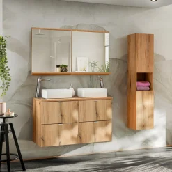 Garnero Arredamenti Mobile Bagno Sospeso-Mobile bagno sospeso 100cm con 2 lavabi e colonna rovere Rovery