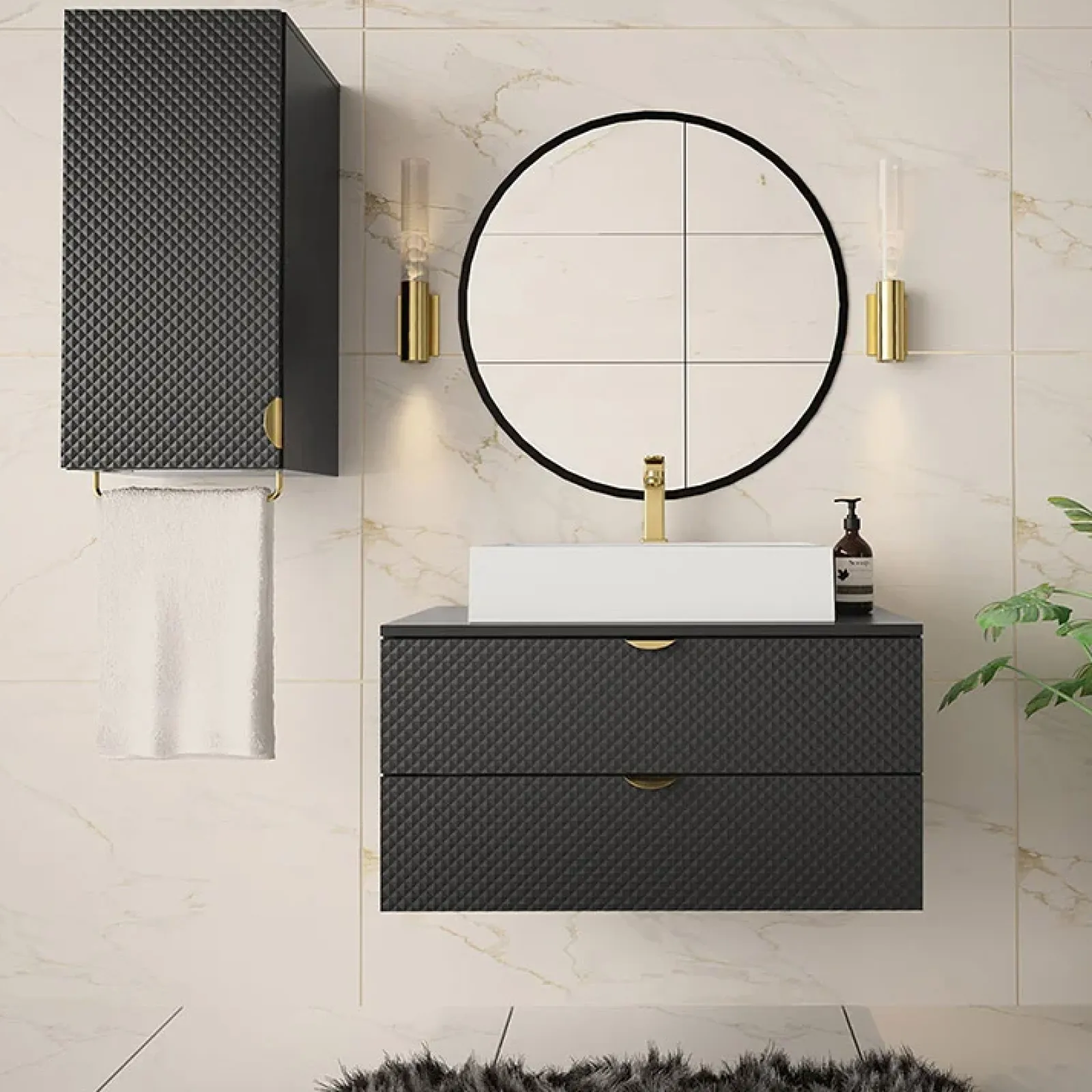 Garnero Arredamenti Mobile Bagno Sospeso-Mobile bagno sospeso 80cm con pensile nero Hakone 3 Nero Lucido