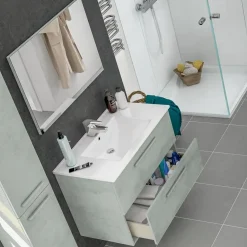 Garnero Arredamenti Mobile Bagno Sospeso-Mobile bagno sospeso 80cm con lavabo e specchio cemento bianco Oscar