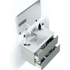 Garnero Arredamenti Mobile Bagno Sospeso-Mobile bagno sospeso 80cm con lavabo e specchio cemento bianco Oscar