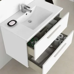 Garnero Arredamenti Mobile Bagno Sospeso-Mobile bagno sospeso 80cm con lavabo e specchio bianco lucido Elton