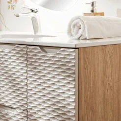 Garnero Arredamenti Mobile Bagno Sospeso-Mobile bagno sospeso 120cm con lavabo, specchio, colonna e 3 pensili beige rovere Swim