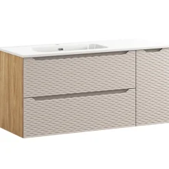 Garnero Arredamenti Mobile Bagno Sospeso-Mobile bagno sospeso 120cm con lavabo, specchio, colonna e 3 pensili beige rovere Swim