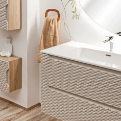 Garnero Arredamenti Mobile Bagno Sospeso-Mobile bagno sospeso 120cm con lavabo, specchio, colonna e 3 pensili beige rovere Swim