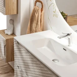 Garnero Arredamenti Mobile Bagno Sospeso-Mobile bagno sospeso 120cm con lavabo, specchio, colonna e 3 pensili beige rovere Swim