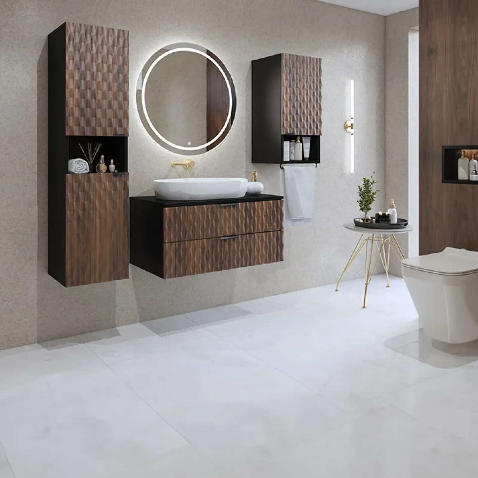 Garnero Arredamenti Mobile Bagno Sospeso-Mobile bagno sospeso 82cm con colonna e pensile nero frontali noce decorati Silvy