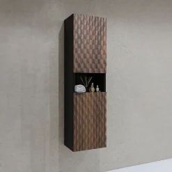 Garnero Arredamenti Mobile Bagno Sospeso-Mobile bagno sospeso 82cm con colonna e pensile nero frontali noce decorati Silvy