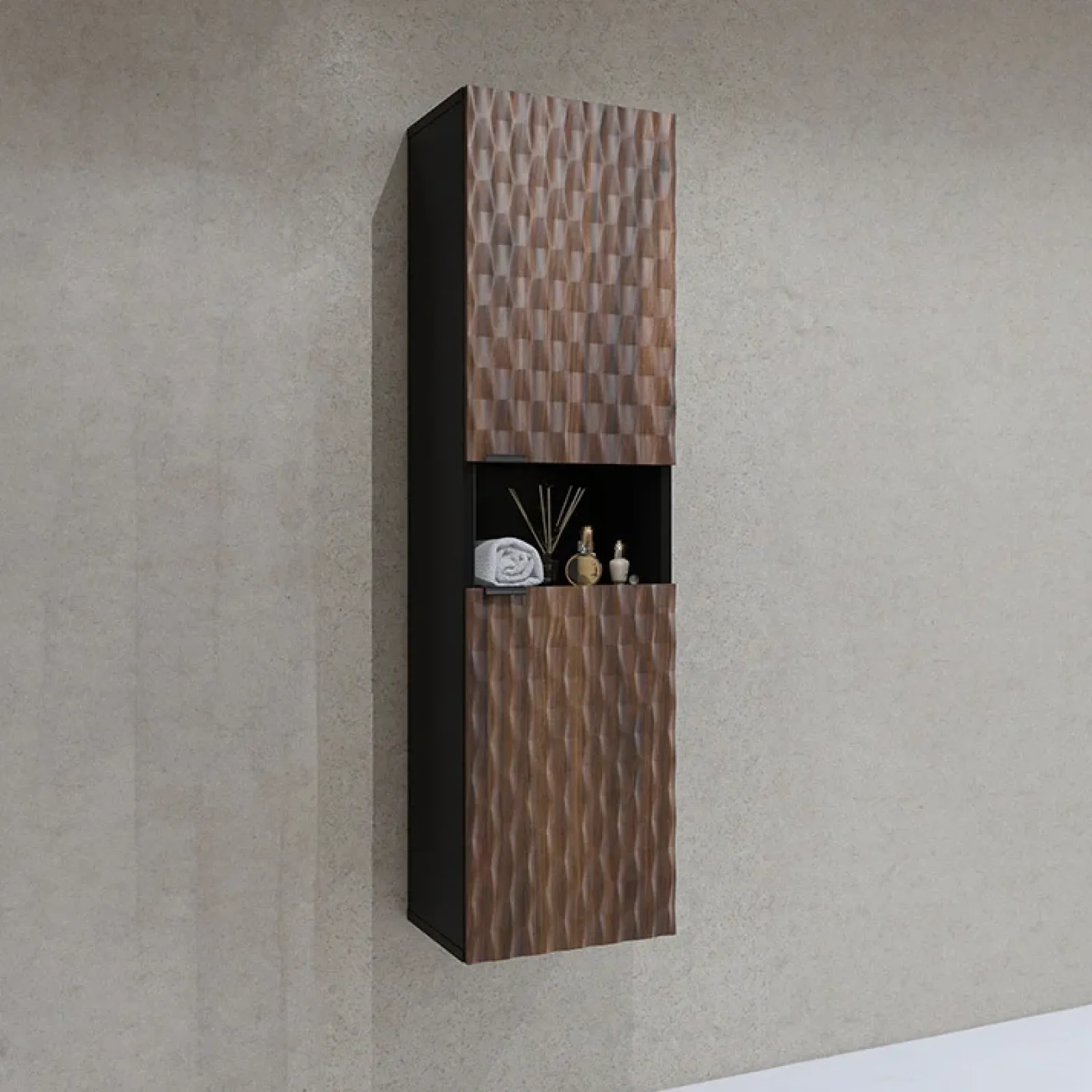 Garnero Arredamenti Mobile Bagno Sospeso-Mobile bagno sospeso 82cm con colonna e pensile nero frontali noce decorati Silvy