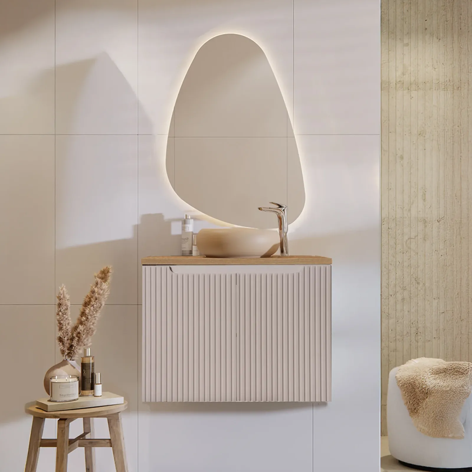 Garnero Arredamenti Mobile Bagno Sospeso-Mobile bagno sospeso 80cm cannettato 2 ante rovere Cleany Beige