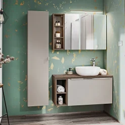 Garnero Arredamenti Mobile Bagno Sospeso-Mobile bagno sospeso 80cm con lavabo, mobile specchio e colonna grigio quercia Serif