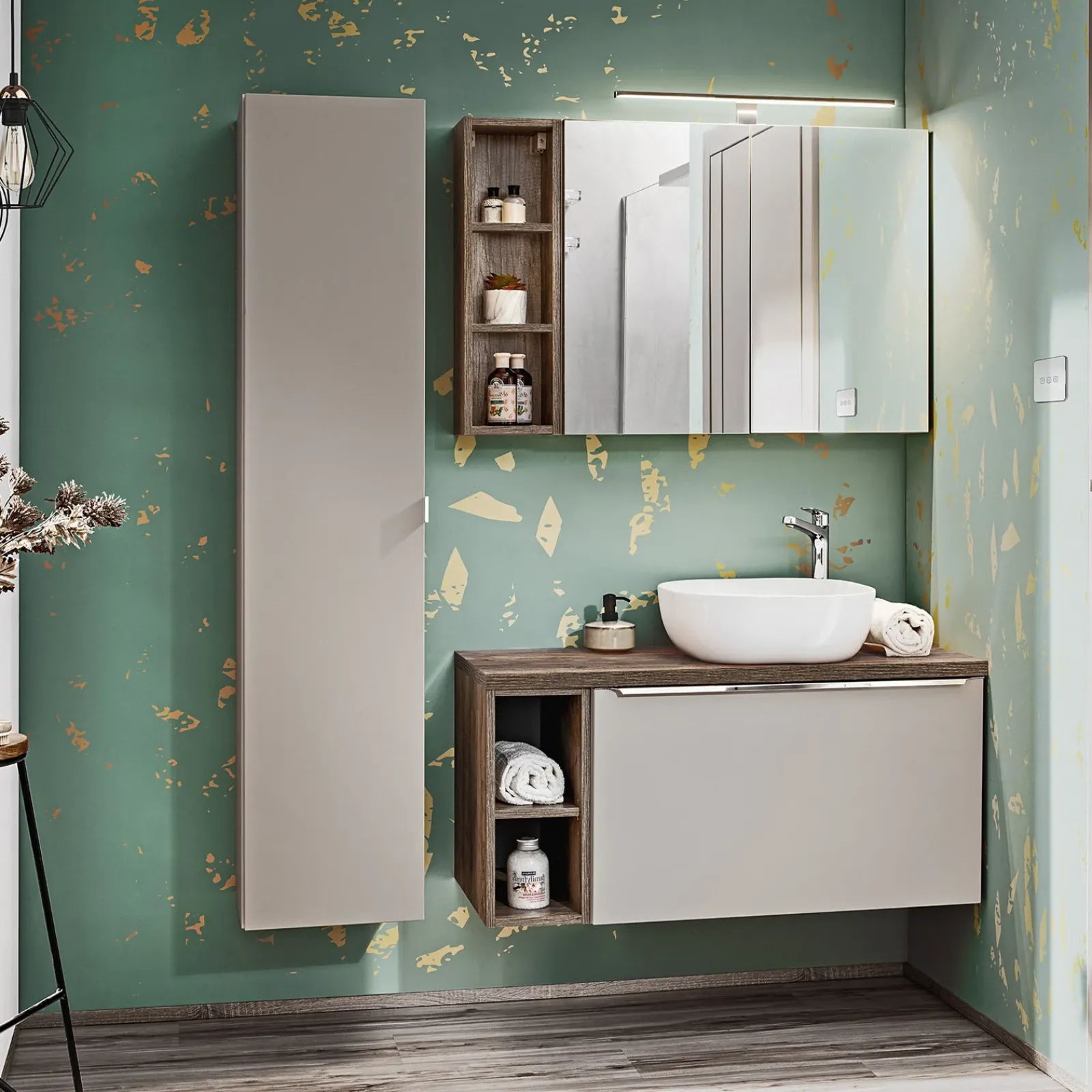 Garnero Arredamenti Mobile Bagno Sospeso-Mobile bagno sospeso 80cm con lavabo, mobile specchio e colonna grigio quercia Serif