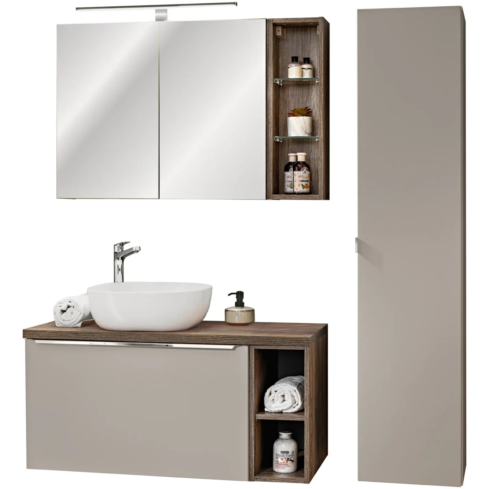 Garnero Arredamenti Mobile Bagno Sospeso-Mobile bagno sospeso 80cm con lavabo, mobile specchio e colonna grigio quercia Serif
