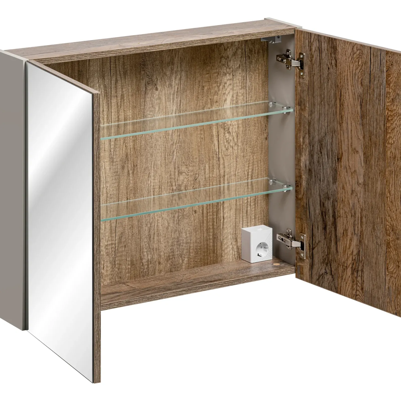 Garnero Arredamenti Mobile Bagno Sospeso-Mobile bagno sospeso 80cm con lavabo, mobile specchio e colonna grigio quercia Serif