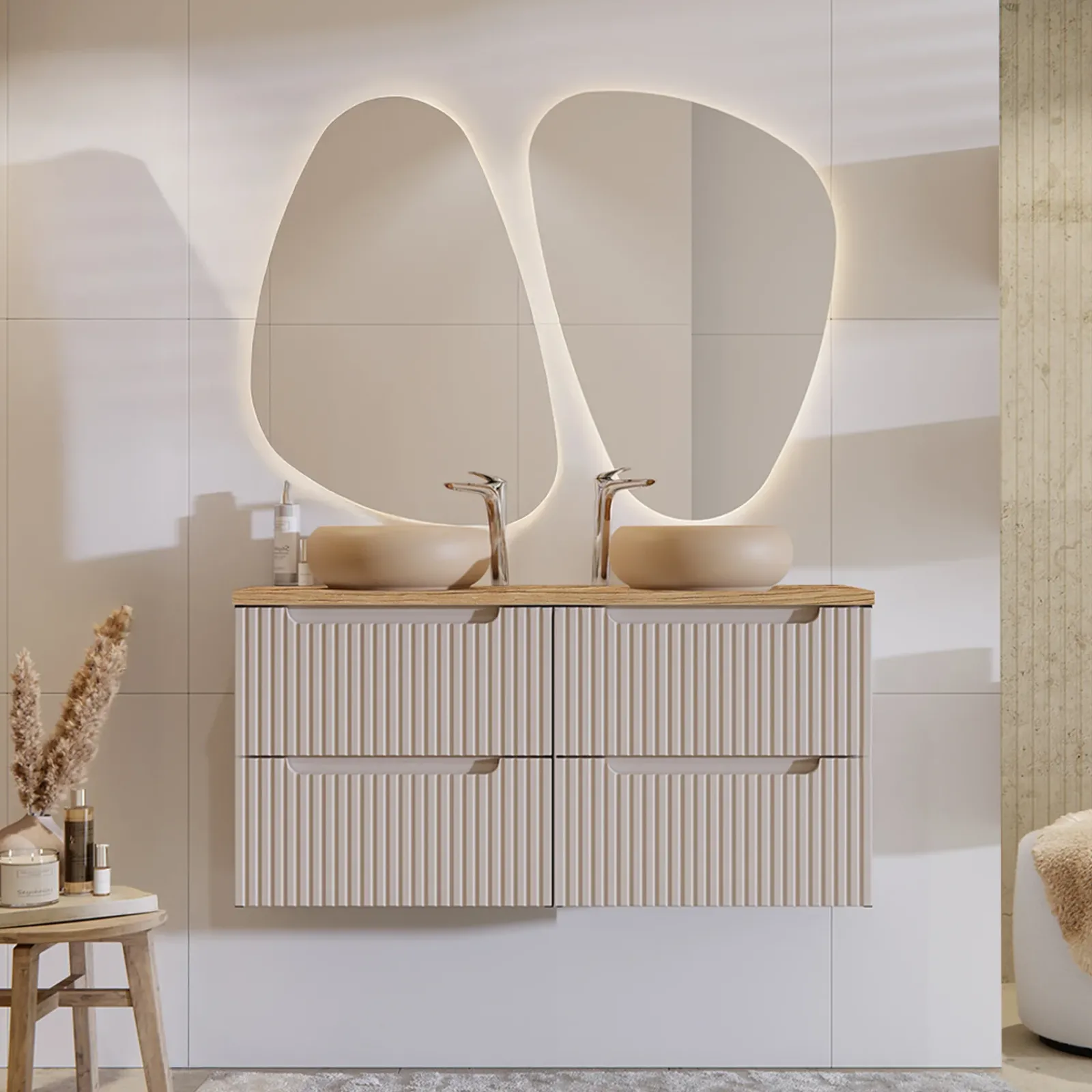 Garnero Arredamenti Mobile Bagno Sospeso-Mobile bagno sospeso 120cm cannettato 4 cassetti rovere Cleany Beige