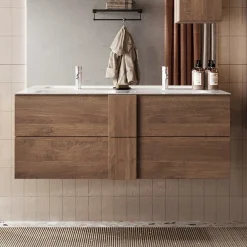Garnero Arredamenti Mobile Bagno Sospeso-Mobile bagno sospeso 120cm con doppio lavabo 2 cassetti rovere Alvarez