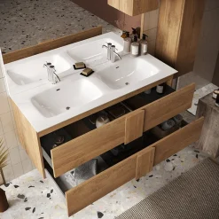 Garnero Arredamenti Mobile Bagno Sospeso-Mobile bagno sospeso 120cm con doppio lavabo 2 cassetti rovere Alvarez