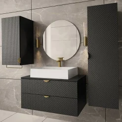 Garnero Arredamenti Mobile Bagno Sospeso-Mobile bagno sospeso 80cm con colonna e pensile nero Hakone Nero Lucido