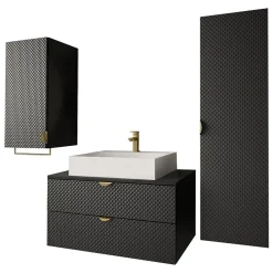 Garnero Arredamenti Mobile Bagno Sospeso-Mobile bagno sospeso 80cm con colonna e pensile nero Hakone Nero Lucido