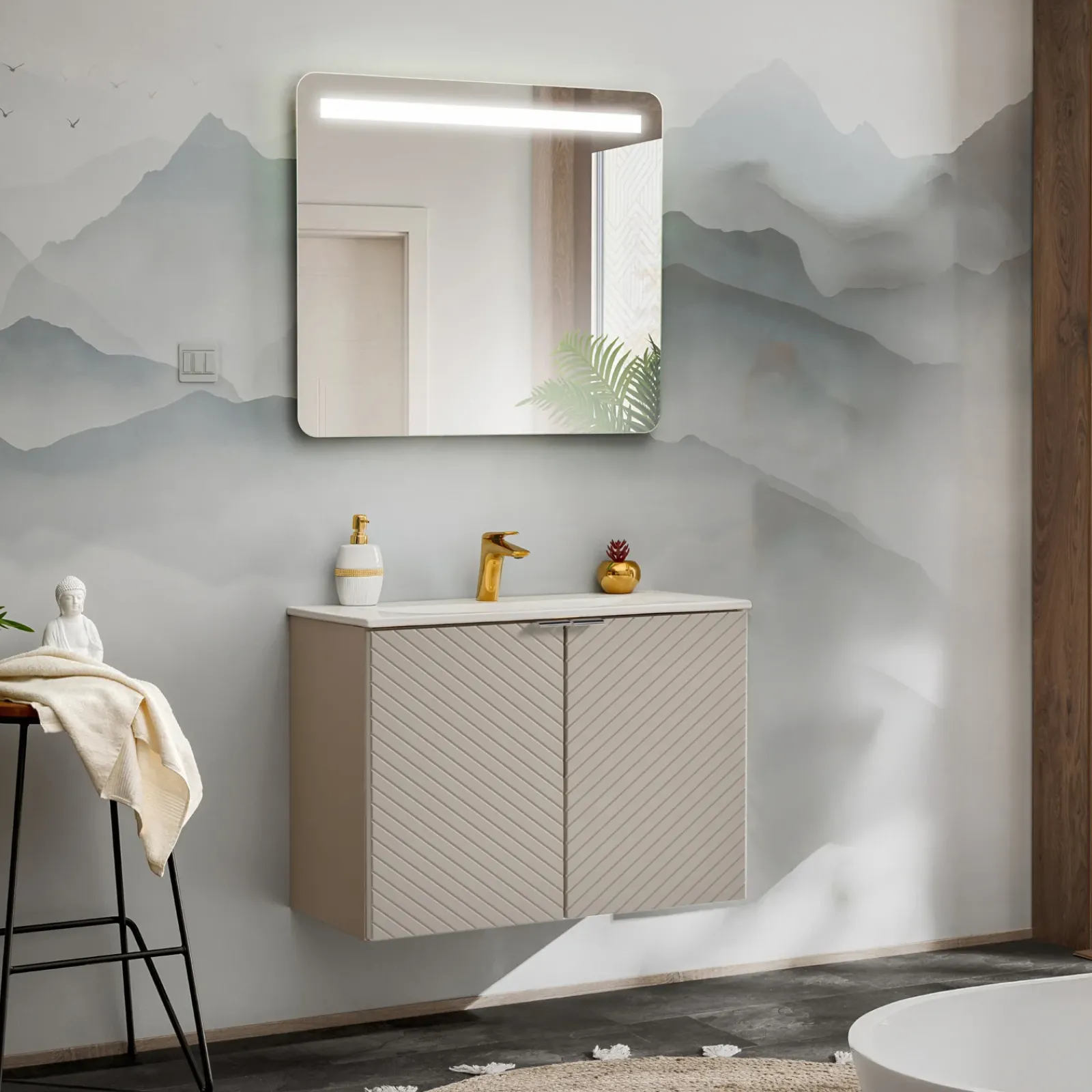 Garnero Arredamenti Mobile Bagno Sospeso-Mobile bagno sospeso 60cm con lavabo 2 ante beige cashmere Neutry