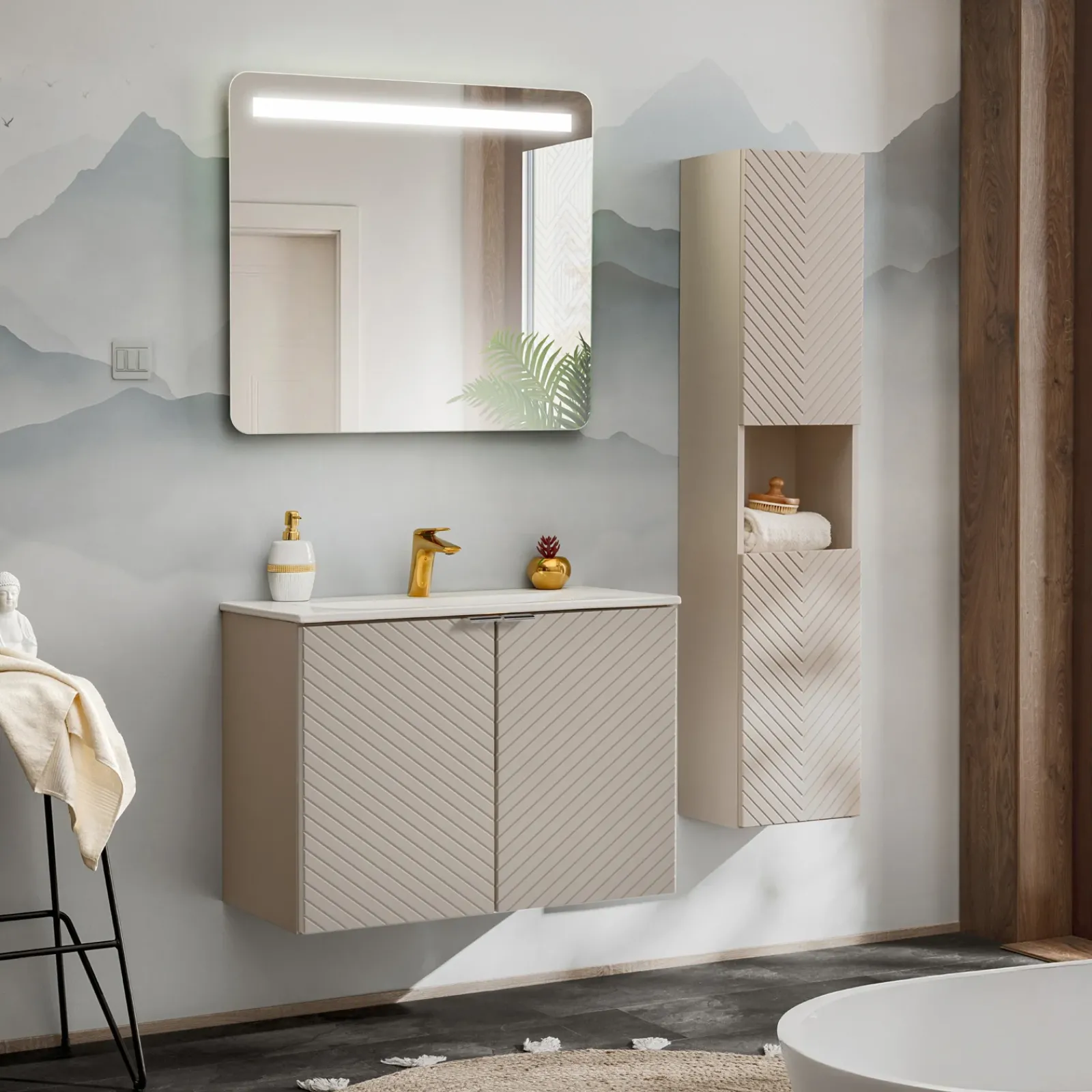 Garnero Arredamenti Mobile Bagno Sospeso-Mobile bagno sospeso 60cm con lavabo 2 ante beige cashmere Neutry