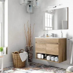 Garnero Arredamenti Mobile Bagno Sospeso-Mobile bagno sospeso 80cm con lavabo e specchio rovere nordik Dexter