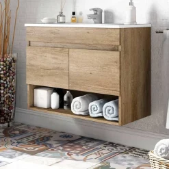 Garnero Arredamenti Mobile Bagno Sospeso-Mobile bagno sospeso 80cm con lavabo e specchio rovere nordik Dexter